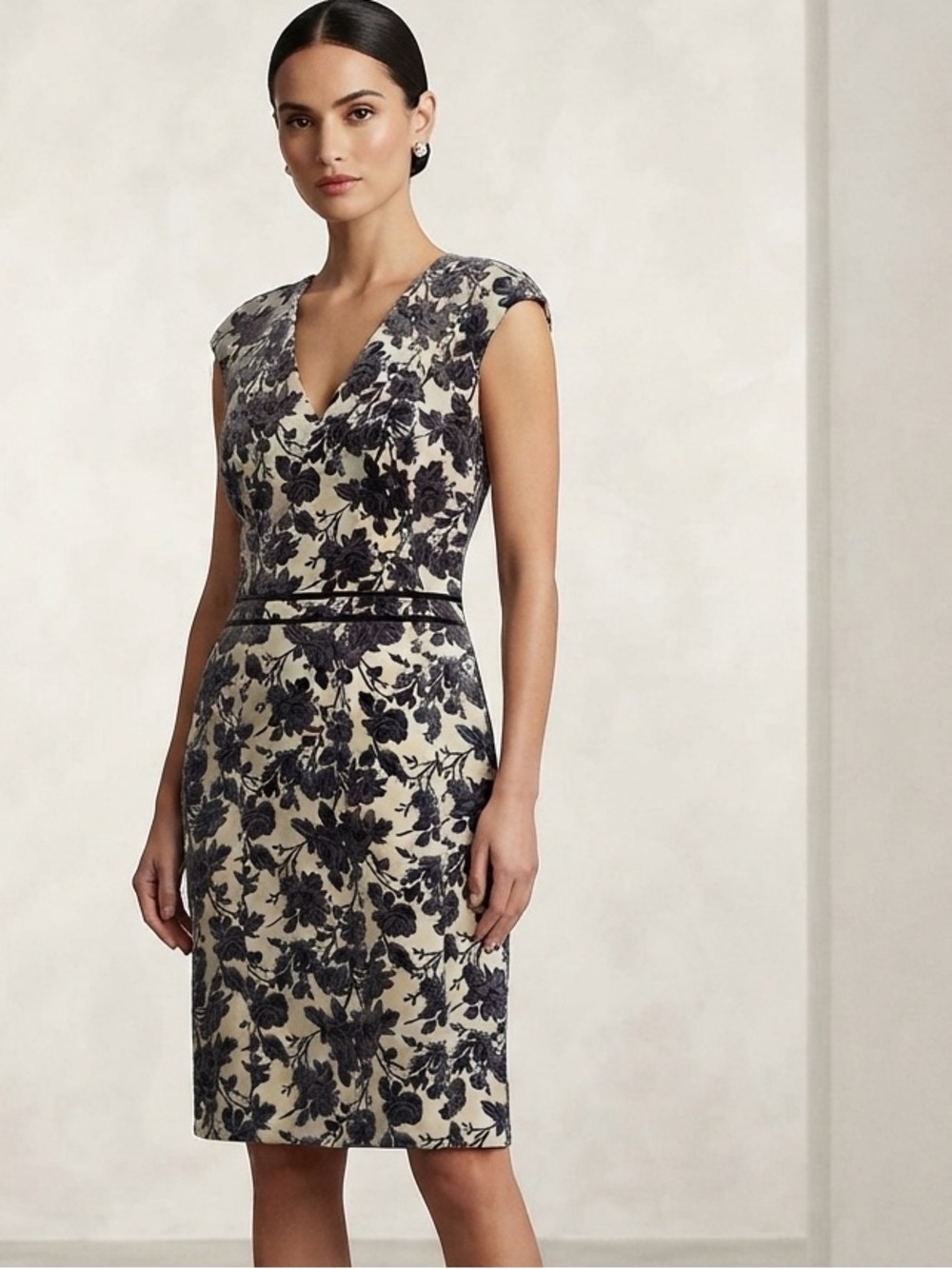 Tory Burch Ivory Dress with Navy Floral Velvet Flock